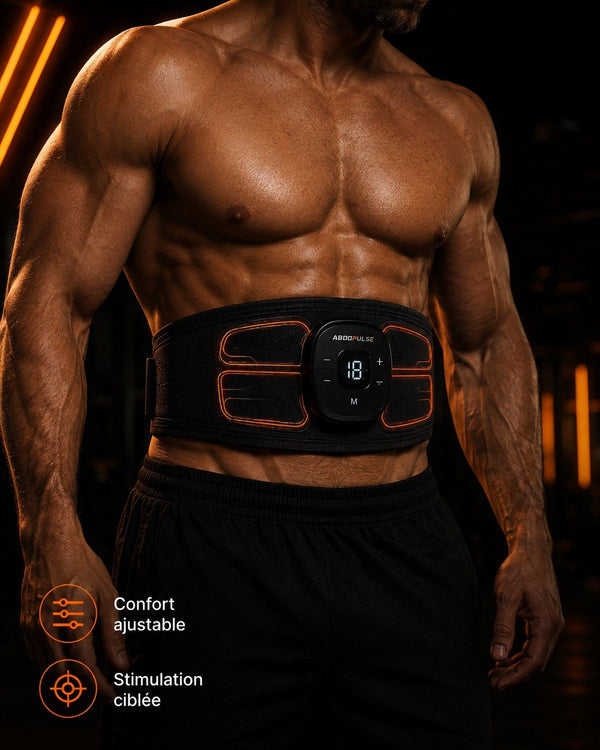 La ceinture ABDOPULSE portée à même la peau, centrée sur l'abdomen