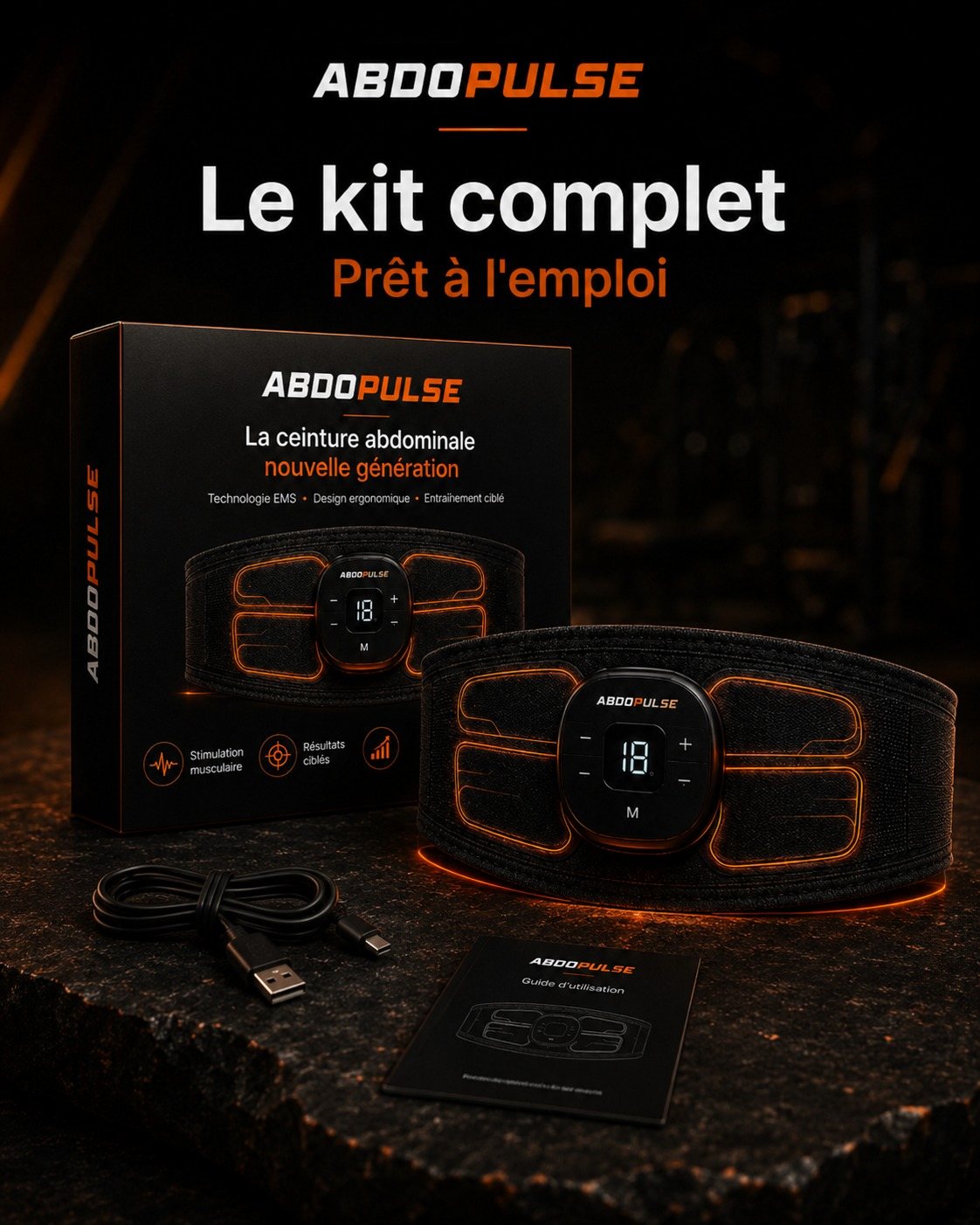 La ceinture, le câble USB-C et le guide d'utilisation